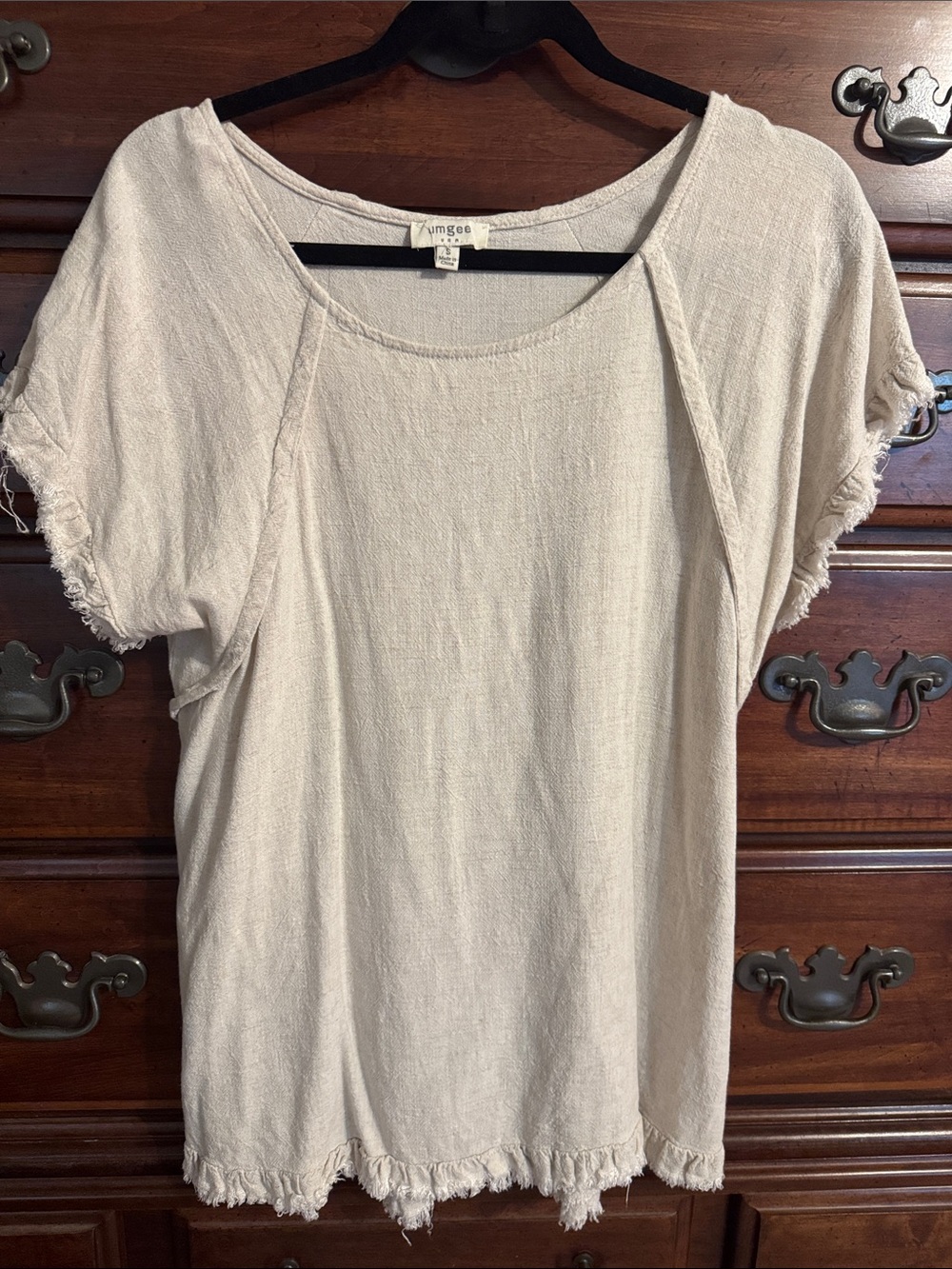 Umgee Cream Short Sleeve Frayed Hem Top